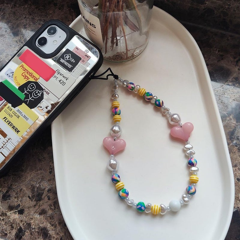WCCH Beaded Phone Charm Y2K Kawaii Handmade Acrylic Phone Lanyard Wrist Strap for Camera Bag Airpods Keychain Charm Pink Heart - Image 2